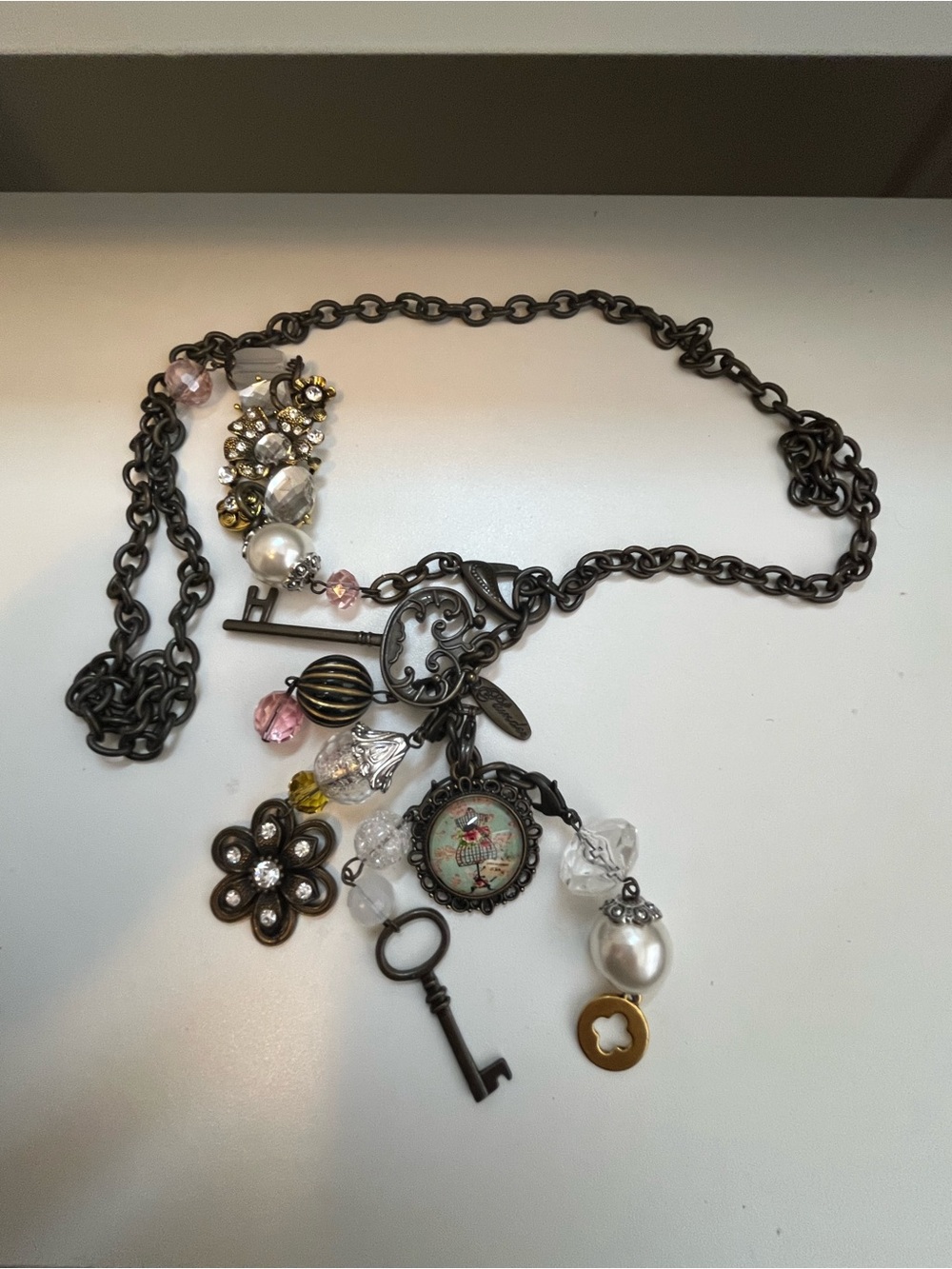 Plunder Design Chunky Chain Necklace Key Pearl Flower Antique Bronze Charm W Bag
